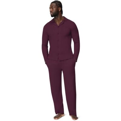 Amazon Essentials Men's Cotton-Modal Pyjama Set, Long Sleeve Button-Up Shirt and Trousers, Dark Burgundy, M Amazon Essentials Men's Cotton-Modal Pyjama Set, Long Sleeve Button-Up Shirt and Trousers, Dark Burgundy, M