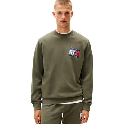 Tommy Jeans Men’s Flag Crew Round Neck Sweatshirt, Green (Pewter Green), M Tommy Jeans Men’s Flag Crew Round Neck Sweatshirt, Green (Pewter Green), M