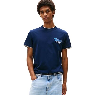 Tommy Jeans Men’s Short Sleeve Round Neck Slim Font Play T-Shirt, Blue (Dark Night Navy), M Tommy Jeans Men’s Short Sleeve Round Neck Slim Font Play T-Shirt, Blue (Dark Night Navy), M
