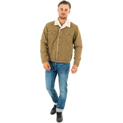 Levi's Men's Type 3 Sherpa Trucker Denim Jacket, Washed Cougar Canvas, M Levi's Men's Type 3 Sherpa Trucker Denim Jacket, Washed Cougar Canvas, M