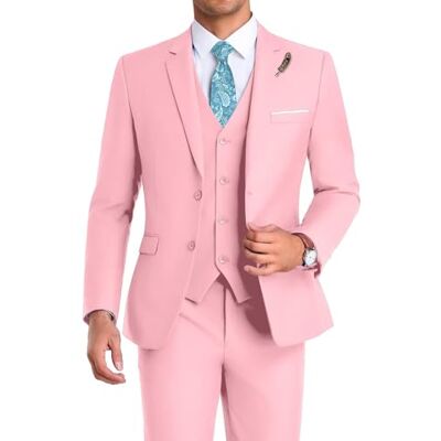 Mrbuerly High-End Suits Men Suit 3 Pieces Slim Fit, Two Button Wedding Suit Prom Suit for Men Business Suit Jacket Vest Pant and Tie, Pink, M Mrbuerly High-End Suits Men Suit 3 Pieces Slim Fit, Two Button Wedding Suit Prom Suit for Men Business Suit Jacket Vest Pant and Tie, Pink, M