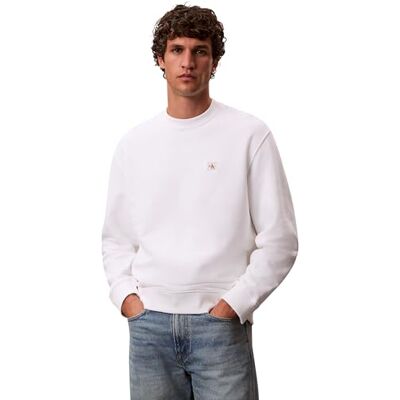 Calvin Klein Men’s Round Neck Terry Badge Sweatshirt, White (Bright White), S Calvin Klein Men’s Round Neck Terry Badge Sweatshirt, White (Bright White), S