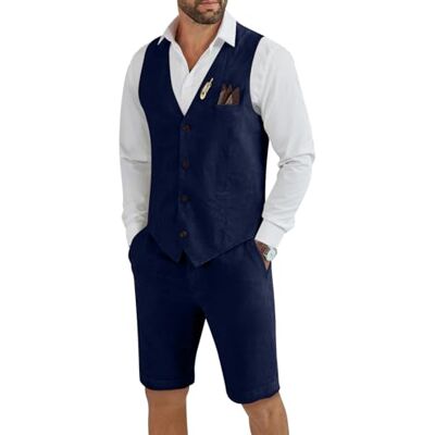 Tiefony Men's Linen 2 Piece Suit Slim Fit Wedding Groom Groomsmen Summer Vest Shorts Set Tiefony Men's Linen 2 Piece Suit Slim Fit Wedding Groom Groomsmen Summer Vest Shorts Set