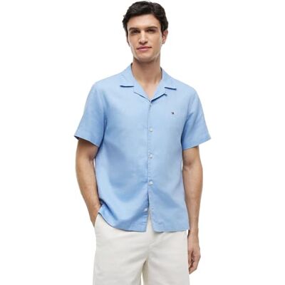 Tommy Hilfiger Men's Linen Blend Solid Ss Rf Sht MW0MW44266 S/S Shirt, Blue (Cloudy Blue), L Tommy Hilfiger Men's Linen Blend Solid Ss Rf Sht MW0MW44266 S/S Shirt, Blue (Cloudy Blue), L