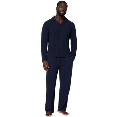 Amazon Essentials Men's Cotton-Modal Pyjama Set, Long Sleeve Button-Up Shirt and Trousers, Navy, M Amazon Essentials Men's Cotton-Modal Pyjama Set, Long Sleeve Button-Up Shirt and Trousers, Navy, M