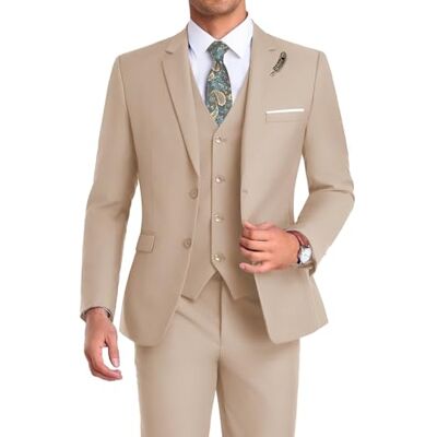 Mrbuerly High-End Suits 3 Pieces Men Suit Set Slim Fit Groomsmen/Prom Suit for Men Two Buttons Business Casual Suit, Beige, Large Mrbuerly High-End Suits 3 Pieces Men Suit Set Slim Fit Groomsmen/Prom Suit for Men Two Buttons Business Casual Suit, Beige, Large