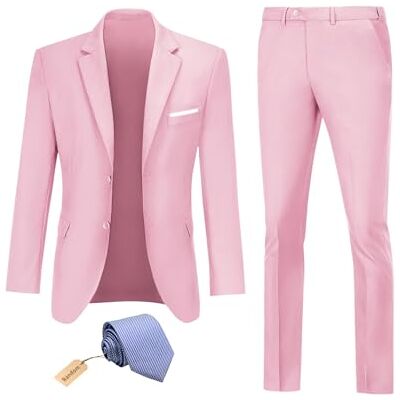 Datysum Men Suit 2 Piece Groomsmen Tuxedo Prom Blazer Slim Fit Suits Two Button Wedding Dress Jacket Pants Set with Tie, Pink, L Datysum Men Suit 2 Piece Groomsmen Tuxedo Prom Blazer Slim Fit Suits Two Button Wedding Dress Jacket Pants Set with Tie, Pink, L