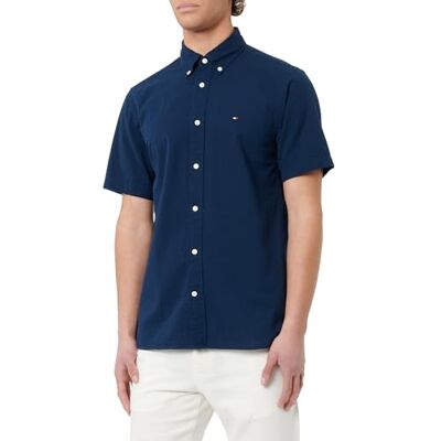 Tommy Hilfiger Men's Seersucker Solid RF Shirt S/S MW0MW38064, Blue, S Tommy Hilfiger Men's Seersucker Solid RF Shirt S/S MW0MW38064, Blue, S