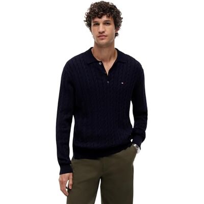 Tommy Hilfiger Men Classic Cotton Cable LS Polo MW0MW41955 Pullover Sweater, Blue, L Tommy Hilfiger Men Classic Cotton Cable LS Polo MW0MW41955 Pullover Sweater, Blue, L