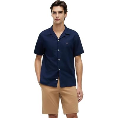 Tommy Hilfiger Men's Linen Blend Solid Ss Rf Sht MW0MW44266 S/S Shirt, Blue (Carbon Navy), L Tommy Hilfiger Men's Linen Blend Solid Ss Rf Sht MW0MW44266 S/S Shirt, Blue (Carbon Navy), L