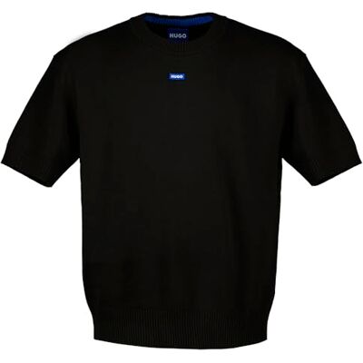 Hugo Boss Mens San Carson-CP Short Sleeve Knitted Jumper with Blue Logo Patch, 001black, L Hugo Boss Mens San Carson-CP Short Sleeve Knitted Jumper with Blue Logo Patch, 001black, L