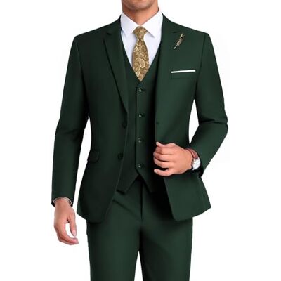 Mrbuerly Men Suit 3 Pieces Slim Fit, 2 Buttons Groomsmen Business Jacket Vest Pant Prom Tuxedo with Tie, Dark Green, L Mrbuerly Men Suit 3 Pieces Slim Fit, 2 Buttons Groomsmen Business Jacket Vest Pant Prom Tuxedo with Tie, Dark Green, L