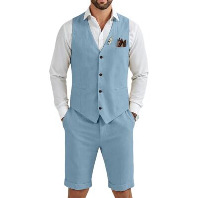 Tiefony Men's Linen 2 Piece Suit Slim Fit Wedding Groom Groomsmen Summer Vest Shorts Set Tiefony Men's Linen 2 Piece Suit Slim Fit Wedding Groom Groomsmen Summer Vest Shorts Set