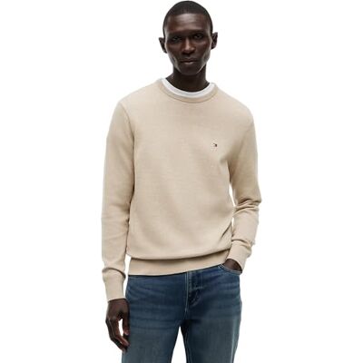 Tommy Hilfiger Men's Essential Ssnl Cotton Crew Neck Mw0Mw39999 Pullover Sweater, Beige (Batique Khaki Heather), L Tommy Hilfiger Men's Essential Ssnl Cotton Crew Neck Mw0Mw39999 Pullover Sweater, Beige (Batique Khaki Heather), L