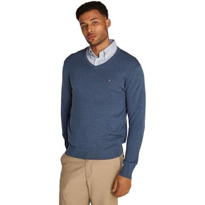Tommy Hilfiger Men’s V-Neck Essential Cotton Jumper, Blue (Aegean Sea Heather), M Tommy Hilfiger Men’s V-Neck Essential Cotton Jumper, Blue (Aegean Sea Heather), M