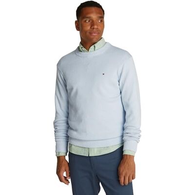 Tommy Hilfiger Men’s Chunky Cotton Crew Neck Knitted Jumper, Blue (Breezy Blue Mouline), XXL Tommy Hilfiger Men’s Chunky Cotton Crew Neck Knitted Jumper, Blue (Breezy Blue Mouline), XXL