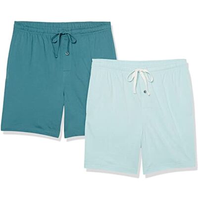Amazon Essentials Men's 18 cm Cotton Knit Pyjama Shorts, Pack of 2, Dark Turquoise Green/Ice Blue, XS Amazon Essentials Men's 18 cm Cotton Knit Pyjama Shorts, Pack of 2, Dark Turquoise Green/Ice Blue, XS