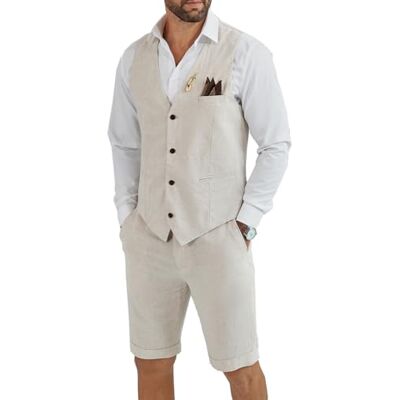 Tiefony Men's Linen 2 Piece Suit Slim Fit Wedding Groom Groomsmen Summer Vest Shorts Set, Off-White, 3XL Tiefony Men's Linen 2 Piece Suit Slim Fit Wedding Groom Groomsmen Summer Vest Shorts Set, Off-White, 3XL