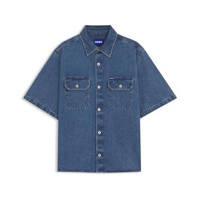 Hugo Boss Mens Ekyno Oversized-fit Shirt in Blue Denim with Contrast Stitching Hugo Boss Mens Ekyno Oversized-fit Shirt in Blue Denim with Contrast Stitching