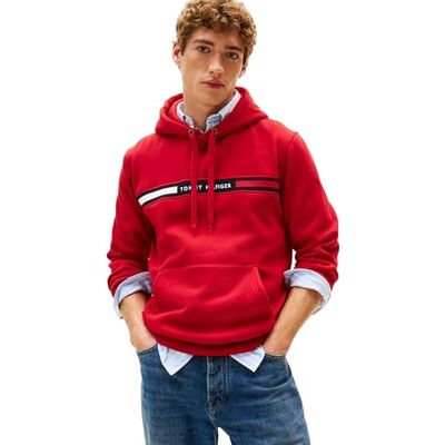Tommy Hilfiger Men's Weight Fleece Hoodie Sweatshirt with Signature Stripe Logo Hooded, Medium Red, M Tommy Hilfiger Men's Weight Fleece Hoodie Sweatshirt with Signature Stripe Logo Hooded, Medium Red, M