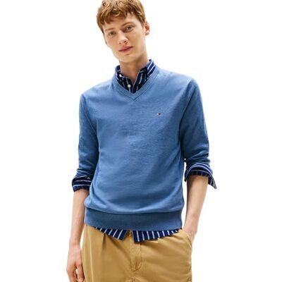 Tommy Hilfiger Men’s Essential Cotton V-Neck Jumper, Blue (Petrol Blue Heather), S Tommy Hilfiger Men’s Essential Cotton V-Neck Jumper, Blue (Petrol Blue Heather), S