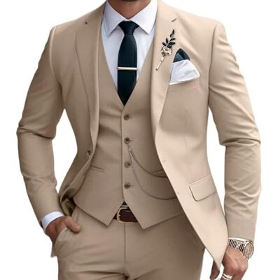 Lanshion 3 Pieces Suits for Men, Men's 2 Button Slim Fit Suit Set Notched Lapel Solid Blazers Vest Pants Set, Champagne, L Lanshion 3 Pieces Suits for Men, Men's 2 Button Slim Fit Suit Set Notched Lapel Solid Blazers Vest Pants Set, Champagne, L
