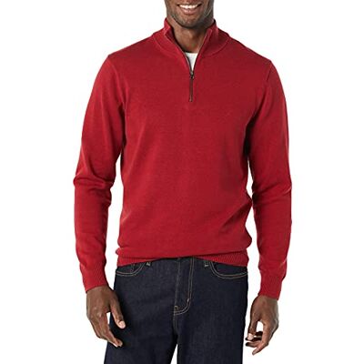 Amazon Essentials Men's 100% Cotton Quarter-Zip Jumper, Red, XS Amazon Essentials Men's 100% Cotton Quarter-Zip Jumper, Red, XS