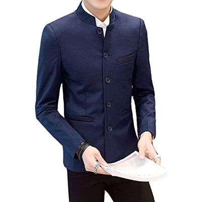 Pearl Men's Chinese Tunic Suits Mandarin Collar Formal Jacket Slim Fit Front Button Blazer Traditional Uniform Groom Dress, Navy, Medium Pearl Men's Chinese Tunic Suits Mandarin Collar Formal Jacket Slim Fit Front Button Blazer Traditional Uniform Groom Dress, Navy, Medium