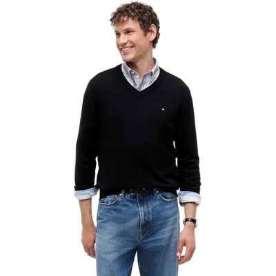 Tommy Hilfiger Men’s V-Neck Regular Fit Jumper, Black (Black), L Tommy Hilfiger Men’s V-Neck Regular Fit Jumper, Black (Black), L
