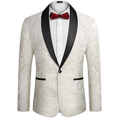 COOFANDY Men's Floral Tuxedo Jacket Luxury Embroidered Suit Wedding Blazer Dinner Tuxedo for Party, White, L COOFANDY Men's Floral Tuxedo Jacket Luxury Embroidered Suit Wedding Blazer Dinner Tuxedo for Party, White, L