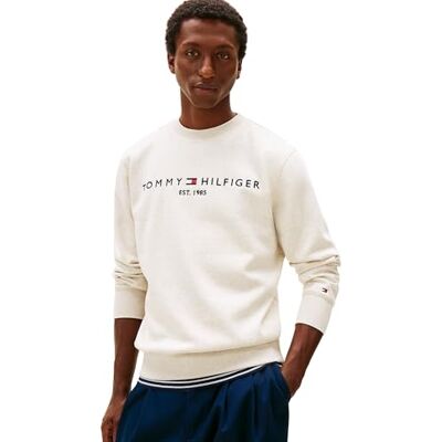 Tommy Hilfiger Men’s Tommy Logo Sweatshirt without Hood, Beige (Heathered Oatmilk), M Tommy Hilfiger Men’s Tommy Logo Sweatshirt without Hood, Beige (Heathered Oatmilk), M