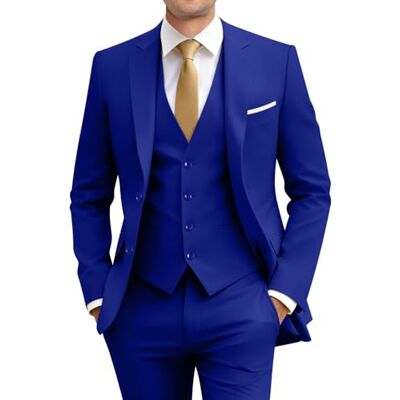 Amyox Men's Slim Fit 3 Piece Suit Two Button Business Wedding Dress Tux Suit Set Jacket Vest Pants with Tie, Royal Blue, X-Small Amyox Men's Slim Fit 3 Piece Suit Two Button Business Wedding Dress Tux Suit Set Jacket Vest Pants with Tie, Royal Blue, X-Small