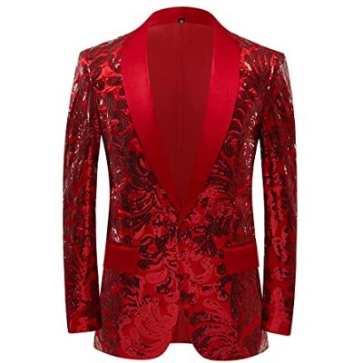 PYJTRL Men Stylish Satin Face Sequins Floral Pattern Suit Jacket Blazer(Red,L) PYJTRL Men Stylish Satin Face Sequins Floral Pattern Suit Jacket Blazer(Red,L)