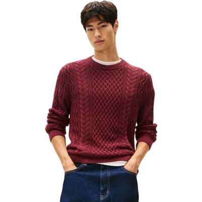 Tommy Jeans Men's TJM SLM Badge Cable Knit Sweater Dm0Dm22101 Pullover, Red (Red Wine Tonal), XS Tommy Jeans Men's TJM SLM Badge Cable Knit Sweater Dm0Dm22101 Pullover, Red (Red Wine Tonal), XS