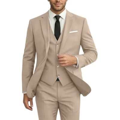Diaryan Men's 3 Piece Set Slim Fit Wedding Suit Groomsmen Prom Tuxedo Business Formal Casual Groom Suit Jacket Pants, Champagne, L Diaryan Men's 3 Piece Set Slim Fit Wedding Suit Groomsmen Prom Tuxedo Business Formal Casual Groom Suit Jacket Pants, Champagne, L