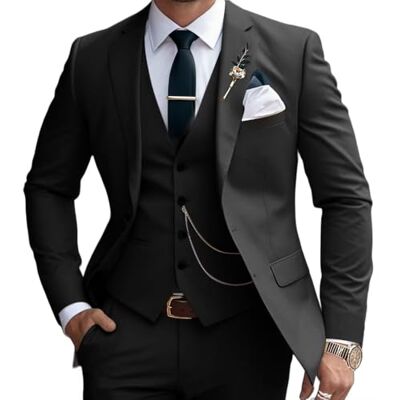 Lanshion 3 Pieces Suits for Men, Men's 2 Button Slim Fit Suit Set Notched Lapel Solid Blazers Vest Pants Set, Black, S Lanshion 3 Pieces Suits for Men, Men's 2 Button Slim Fit Suit Set Notched Lapel Solid Blazers Vest Pants Set, Black, S