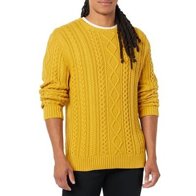 Amazon Essentials Men's Long-Sleeve 100% Cotton Fisherman Cable Crewneck Jumper, Mustard Yellow, XXL Amazon Essentials Men's Long-Sleeve 100% Cotton Fisherman Cable Crewneck Jumper, Mustard Yellow, XXL