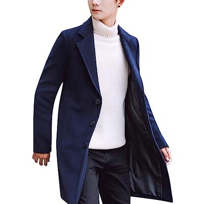 Springrain Men's Notched Lapel Single Breasted Long Pea Coat Trench Coat, Navy, Large Springrain Men's Notched Lapel Single Breasted Long Pea Coat Trench Coat, Navy, Large