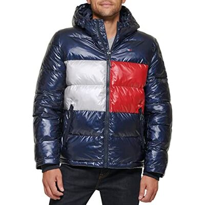Tommy Hilfiger Men's Hooded Puffer Jacket (Standard and Big & Tall) Down Alternative Coat, Pearlized Navy Tommy Flag, M Tommy Hilfiger Men's Hooded Puffer Jacket (Standard and Big & Tall) Down Alternative Coat, Pearlized Navy Tommy Flag, M