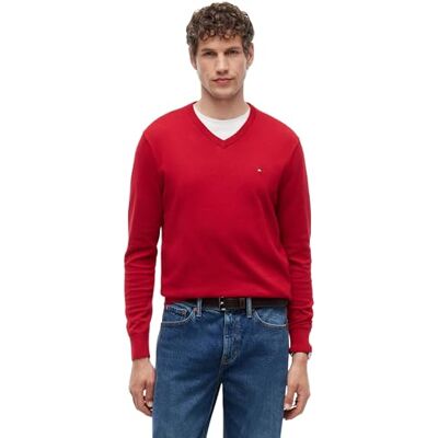 Tommy Hilfiger Men’s Essential Cotton V-Neck Jumper, Red (Medium Red), XXL Tommy Hilfiger Men’s Essential Cotton V-Neck Jumper, Red (Medium Red), XXL