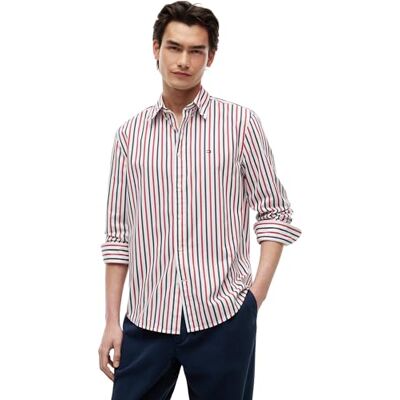 Tommy Hilfiger Men's Flex Poplin Seasonal Stripe Sht MW0MW43315 L/S Shirt, RED (Medium Red/Multistripe), S Tommy Hilfiger Men's Flex Poplin Seasonal Stripe Sht MW0MW43315 L/S Shirt, RED (Medium Red/Multistripe), S