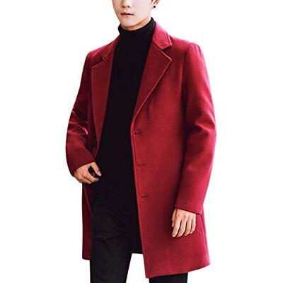 Springrain Men's Notched Lapel Single Breasted Long Pea Coat Trench Coat, Red, L Springrain Men's Notched Lapel Single Breasted Long Pea Coat Trench Coat, Red, L