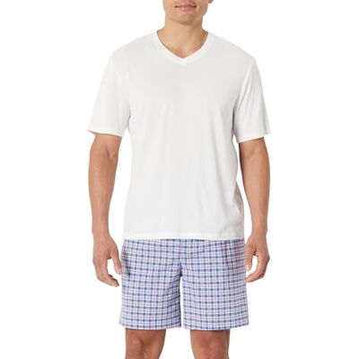 Amazon Essentials Men's Cotton Poplin Pyjama Shorts with Cotton T-Shirt Set, Check/Ivory, XS Amazon Essentials Men's Cotton Poplin Pyjama Shorts with Cotton T-Shirt Set, Check/Ivory, XS