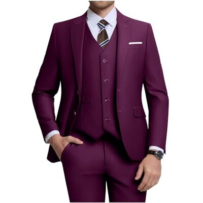ZKHOECR Holivyer Men's 3 Piece Slim Fit Suit Set, Two Button Blazer Solid Jacket Vest Pants Wedding Business Suit, Plum, Medium ZKHOECR Holivyer Men's 3 Piece Slim Fit Suit Set, Two Button Blazer Solid Jacket Vest Pants Wedding Business Suit, Plum, Medium