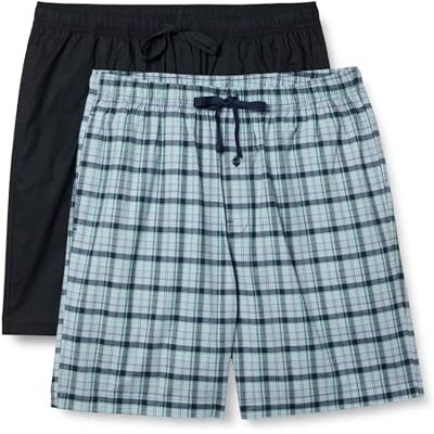 Amazon Essentials Men's Lounge Cotton Stretch Poplin Pyjama Shorts, Pack of 2, Black/Plaid, XS Amazon Essentials Men's Lounge Cotton Stretch Poplin Pyjama Shorts, Pack of 2, Black/Plaid, XS