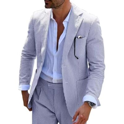 Fxzpiodi Seersucker Slim Suits for Men Formal Casul Summer Beach Wedding Grooms 2 Piece Blazer Pants Party Striped Suit Sets, Blue, M Fxzpiodi Seersucker Slim Suits for Men Formal Casul Summer Beach Wedding Grooms 2 Piece Blazer Pants Party Striped Suit Sets, Blue, M