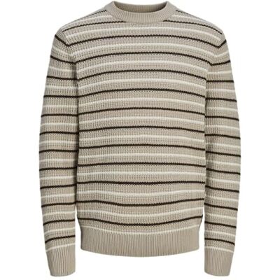 JACK & JONES Jorbronx Stripe Knit Crew Neck Men's Knitted Sweater, Humus/Stripes: Sea Salt, L JACK & JONES Jorbronx Stripe Knit Crew Neck Men's Knitted Sweater, Humus/Stripes: Sea Salt, L