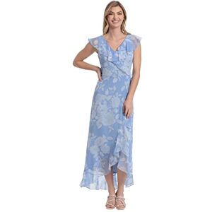 London Times Women's Chiffon Faux Wrap Ruffle Maxi Dress Guest of Wedding, Dellarobia Blue/Soft White, 20 Plus London Times Women's Chiffon Faux Wrap Ruffle Maxi Dress Guest of Wedding, Dellarobia Blue/Soft White, 20 Plus
