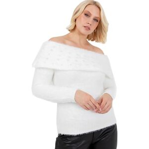 Lovedrobe Women's Jumper Ladies Sweater Off Shoulder Bardot Long Sleeve Pearl Embellished Fine Eyelash Knitwear, Ivory 16-18 Lovedrobe Women's Jumper Ladies Sweater Off Shoulder Bardot Long Sleeve Pearl Embellished Fine Eyelash Knitwear, Ivory 16-18