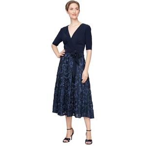 Alex Evenings Women's Tea Length Jersey and Rosette Lace Dress (Petite and Regular) Special Occasion, Navy Tie Front, 18 Alex Evenings Women's Tea Length Jersey and Rosette Lace Dress (Petite and Regular) Special Occasion, Navy Tie Front, 18